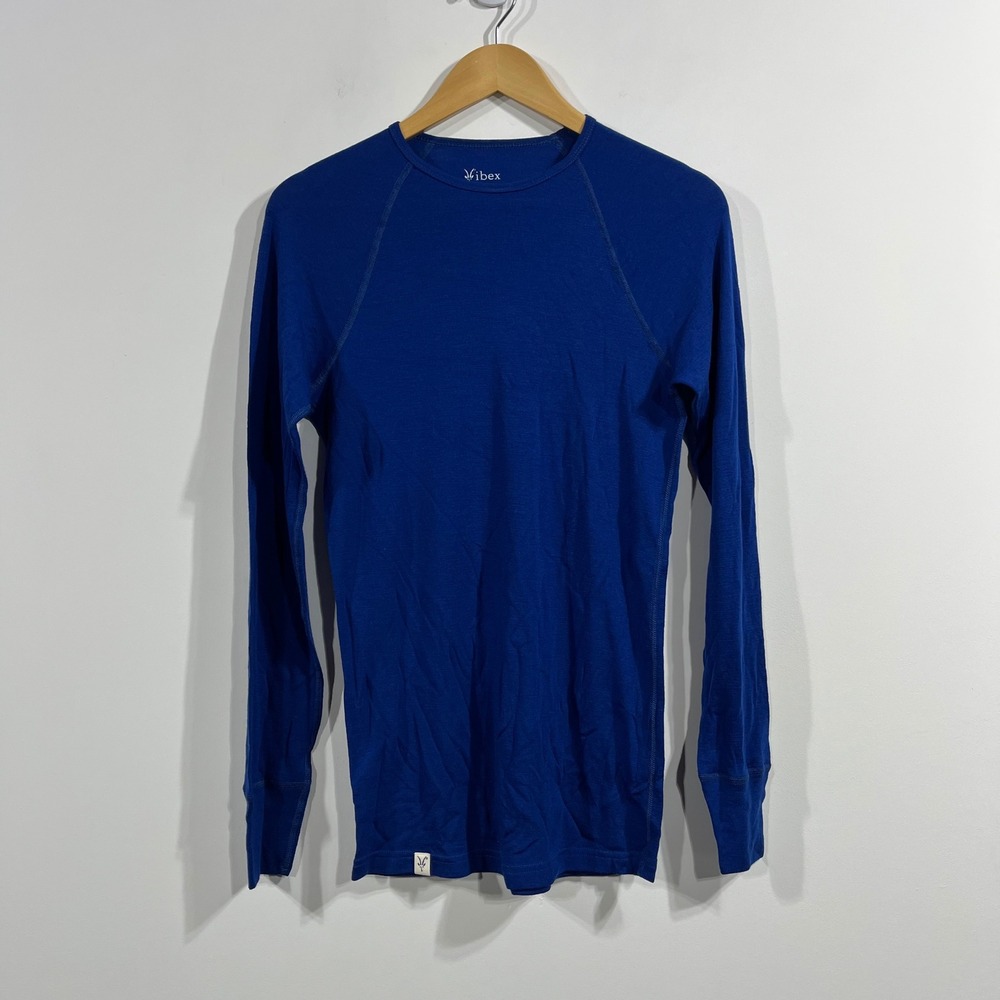 Ibex Mens Large 100% Merino Wool Long Sleeve Base Layer Top Blue Raglan Hiking